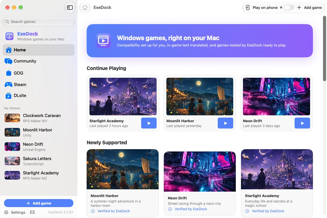 ExeDock home: recommended games and your library