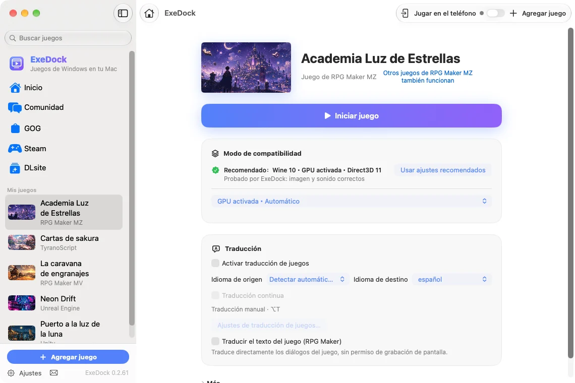 Página de juego de ExeDock: botón Jugar y modo de compatibilidad