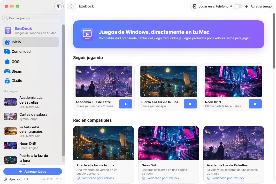 Inicio de ExeDock: juegos recomendados y biblioteca
