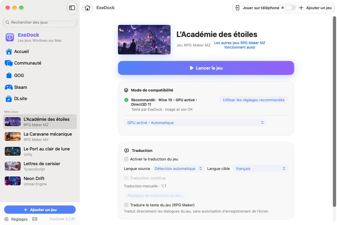 Page de jeu d’ExeDock : bouton Jouer et mode de compatibilité
